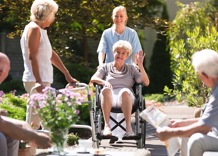 elderly woman getting pushed in a wheelchair